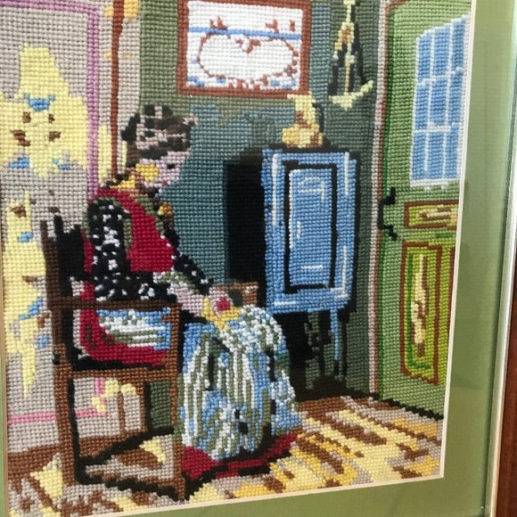 Vintage Woman at Home Completed Needlepoint Tapestry Framed Picture 1974 - Picture 2 of 5